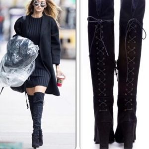Stuart Weitzman Lace Me Up Black Suede Over the Knee Heeled Boots Size 7.5